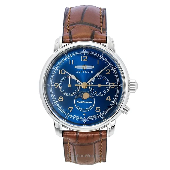 Zeppelin 100 Jahre Mediterranee Moonphase Leather Strap Blue DIal Quartz 96363 Men's Watch