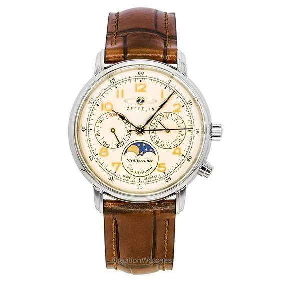 Zeppelin Mediterranee Moonphase Leather Strap Champagne Dial Quartz 96375 Men's Watch