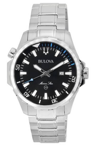 Bulova Marine Star Stainless Steel Bracelet Black Sunray Dial Quartz 96B382 100M Men\'s Watch