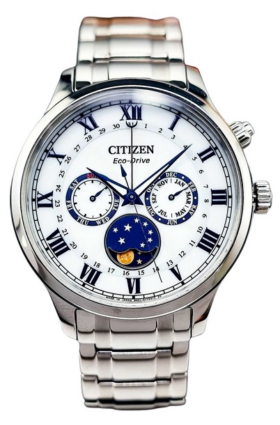 Citizen Moon Phase หน้าปัดขาว Stainless Steel Eco-Drive AP1050-81A Men's Watch