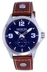Invicta Aviator Leather Strap Blue Dial Quartz 39185 100M Men's Watch