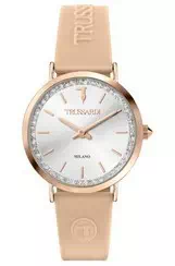 Relógio feminino Trussardi T-Motif com mostrador prateado e pulseira de borracha Quartz R2451140502