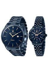 Maserati PVD สีน้ำเงิน สแตนเลสสตีล หน้าปัดสีน้ำเงิน Solar R8853149002 Couple Watch