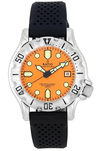 Relógio masculino Ratio FreeDiver Safira profissional com mostrador laranja automático RTF011 500M