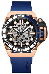 Relógio Masculino Mazzucato RIM Sub Azul e Ouro Rosa Mostrador Esqueleto Automático Mergulho SK2-RG 100M