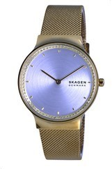 Skagen Freja ouro tom de aço inoxidável malha quartzo SKW1148 com presente conjunto relógio feminino